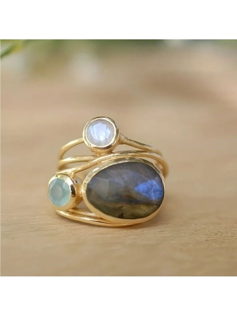 Fantasy Ring Gold Tone Glass Appliqués Blue White Iridescent